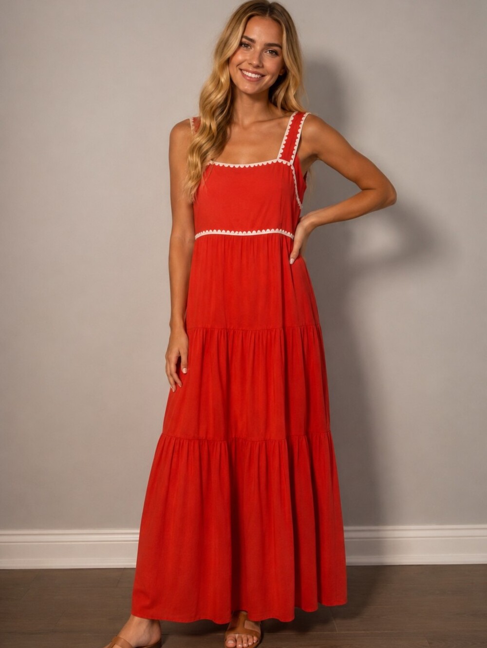 entro Red Maxi Dress with White Trim